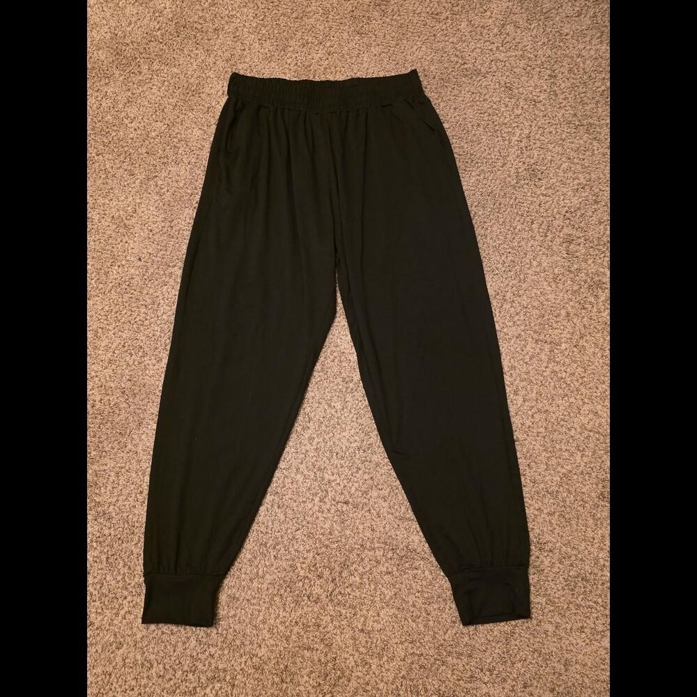 Womens 2X Black Green Wide Leg Jogger Pants Stretch Lounge Athleisure